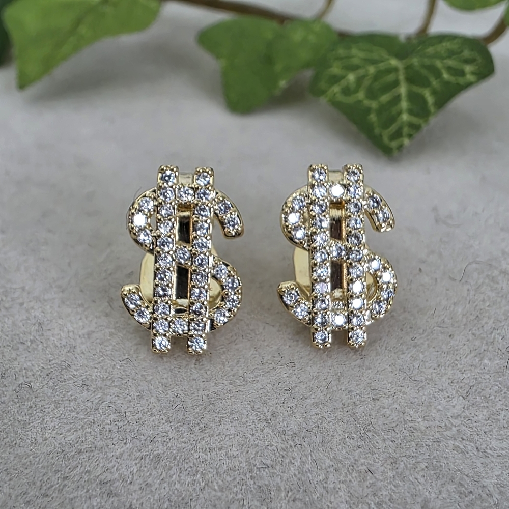 Small Clip On Earrings Money Dollar Sign with Cubic Zirconia Gold